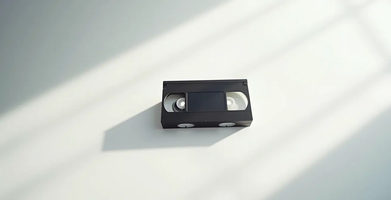 Composition minimaliste de cassettes VHS dans un environnement épuré évoquant le passage du temps