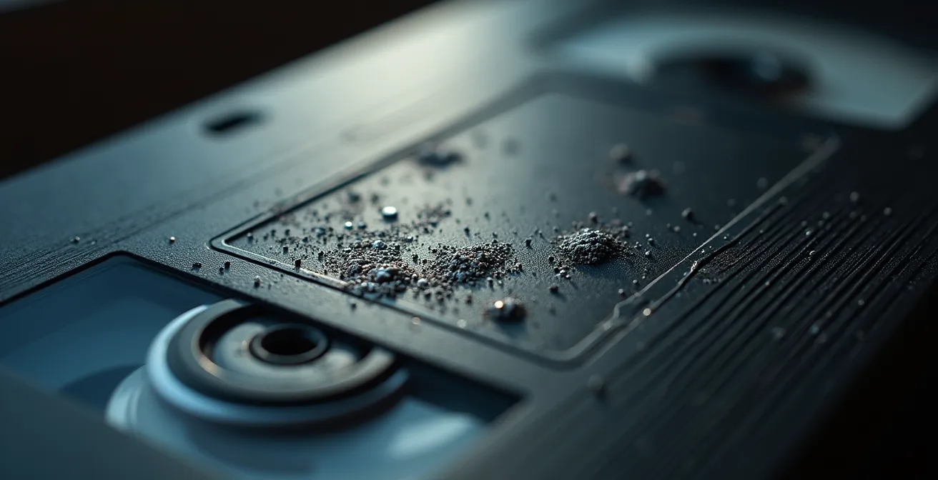 Gros plan sur une bande magnétique VHS montrant des signes d'usure et de particules détachées