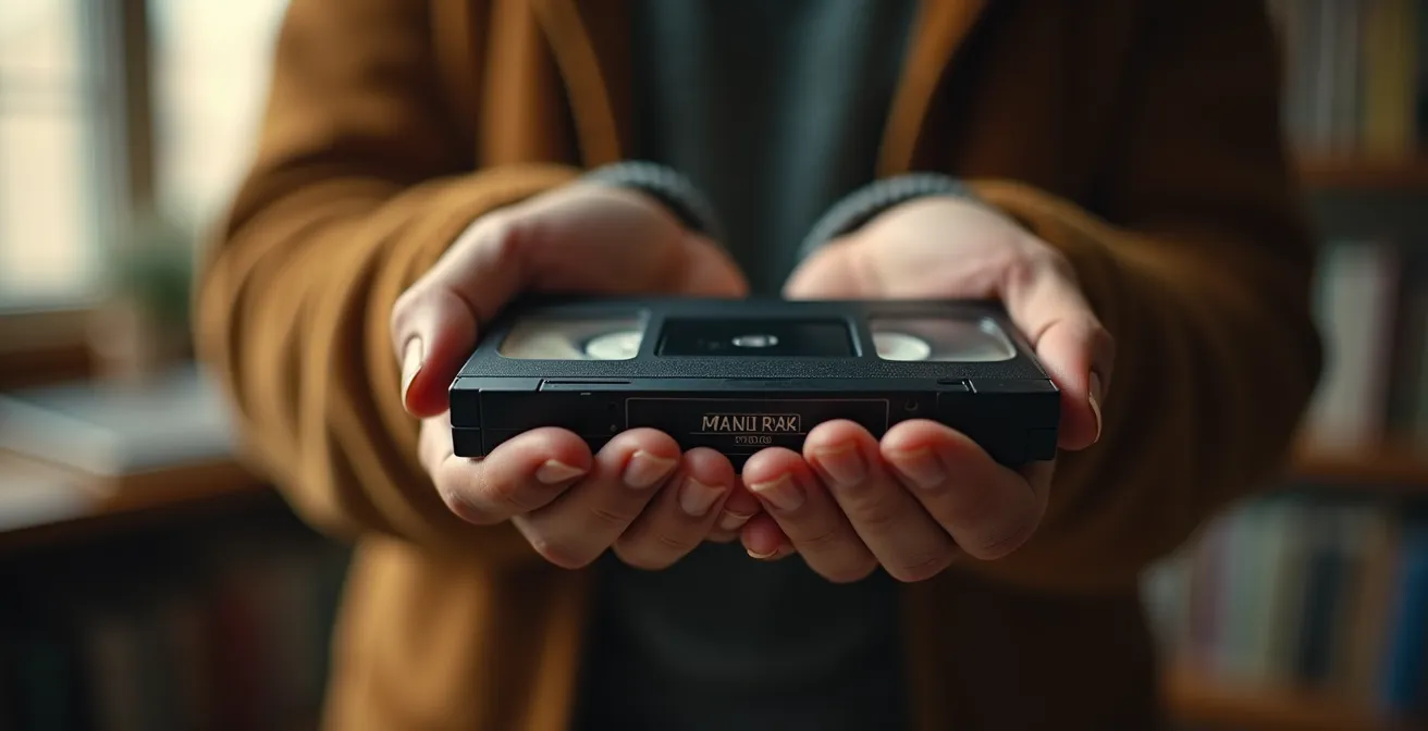 Mains âgées tenant délicatement une cassette VHS avec émotion visible