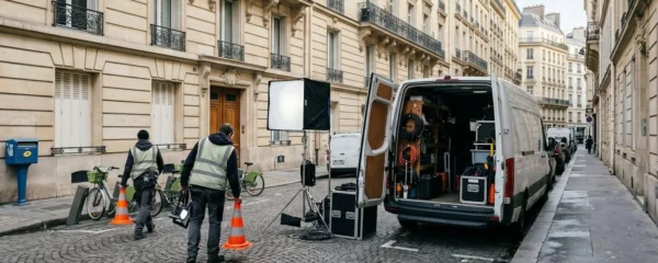 Deux membres d'une équipe de tournage vus de dos installent des cônes de signalisation et du matériel dans une rue parisienne avec immeubles haussmanniens