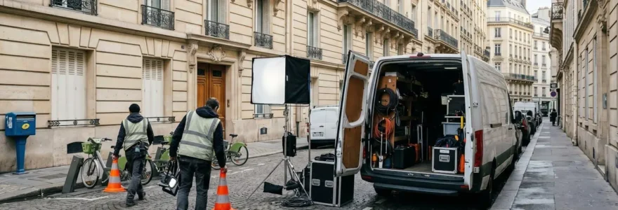 Deux membres d'une équipe de tournage vus de dos installent des cônes de signalisation et du matériel dans une rue parisienne avec immeubles haussmanniens