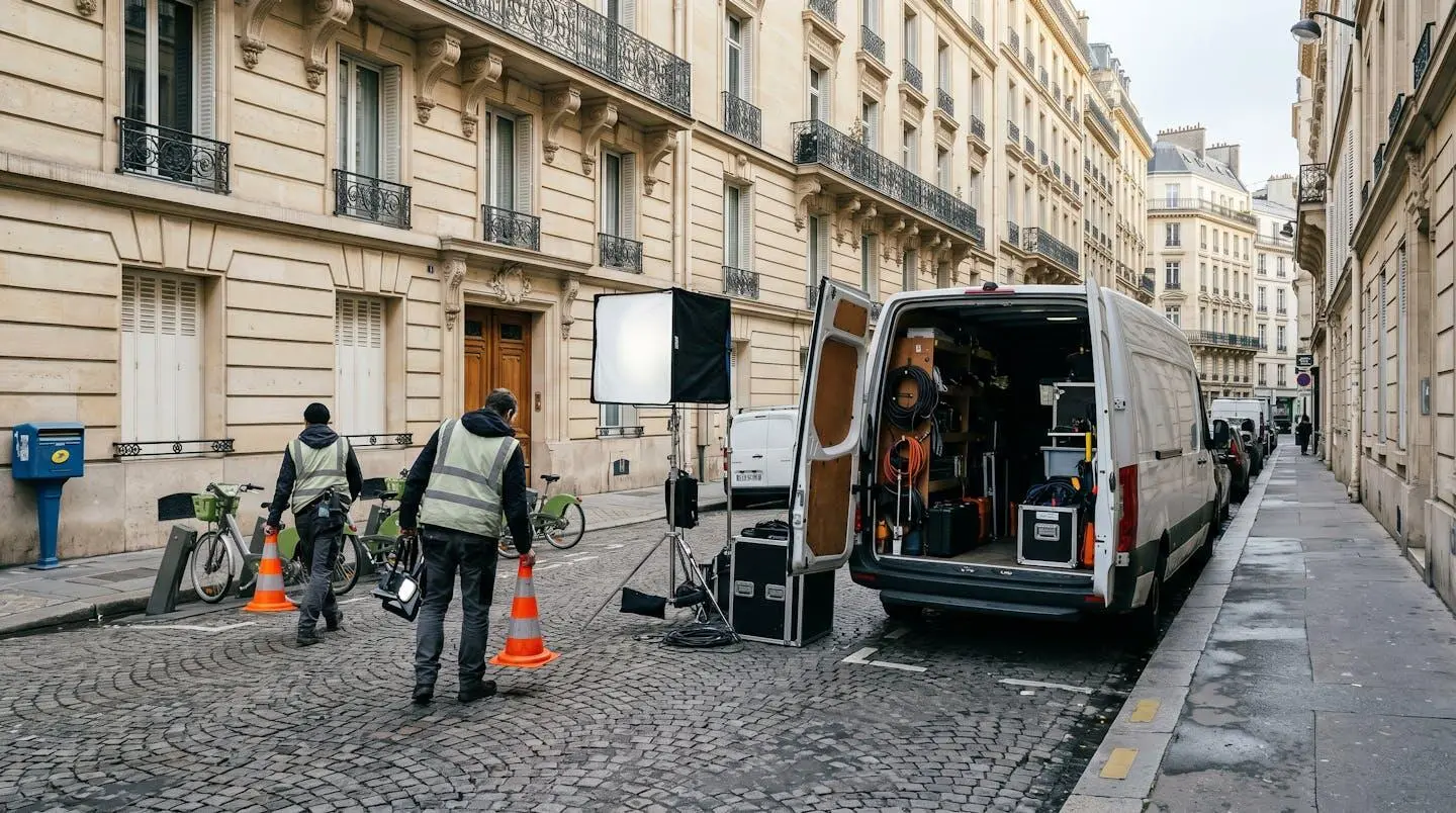 Deux membres d'une équipe de tournage vus de dos installent des cônes de signalisation et du matériel dans une rue parisienne avec immeubles haussmanniens