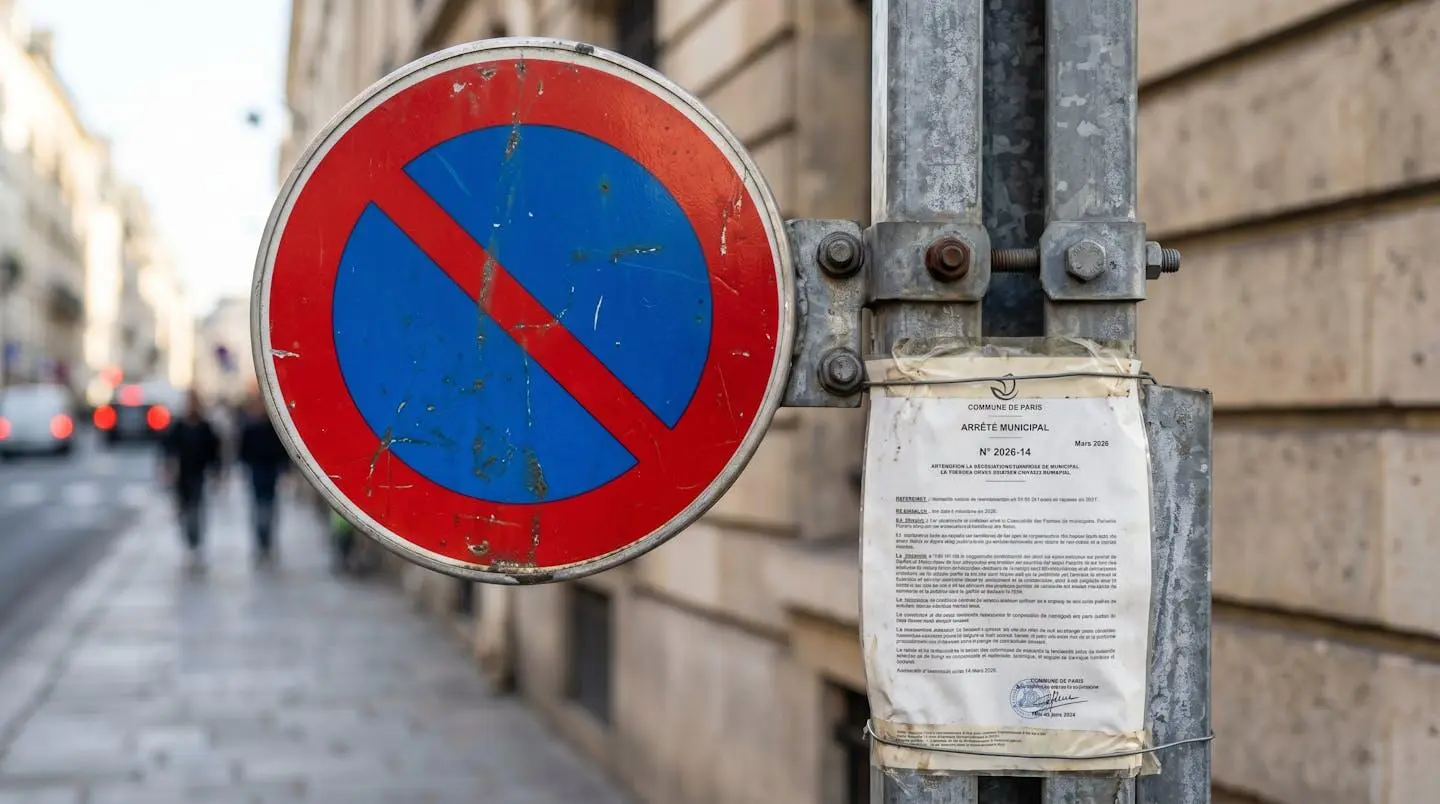 Gros plan sur un panneau B6a stationnement interdit fixé sur un poteau métallique avec une note administrative municipale partiellement visible