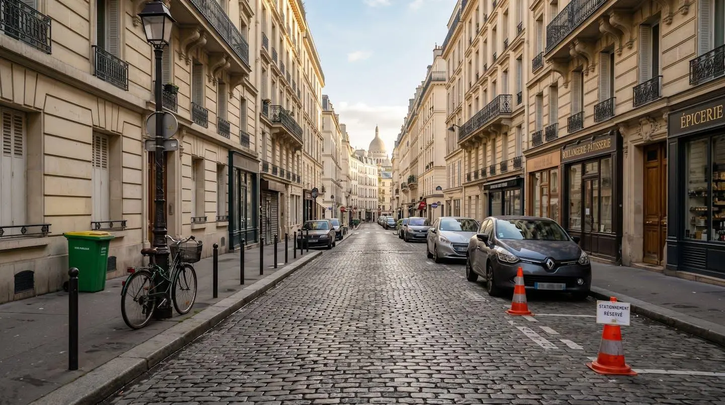 Vue grand angle d'une rue parisienne étroite au petit matin avec un emplacement de stationnement temporairement réservé matérialisé par des cônes orange
