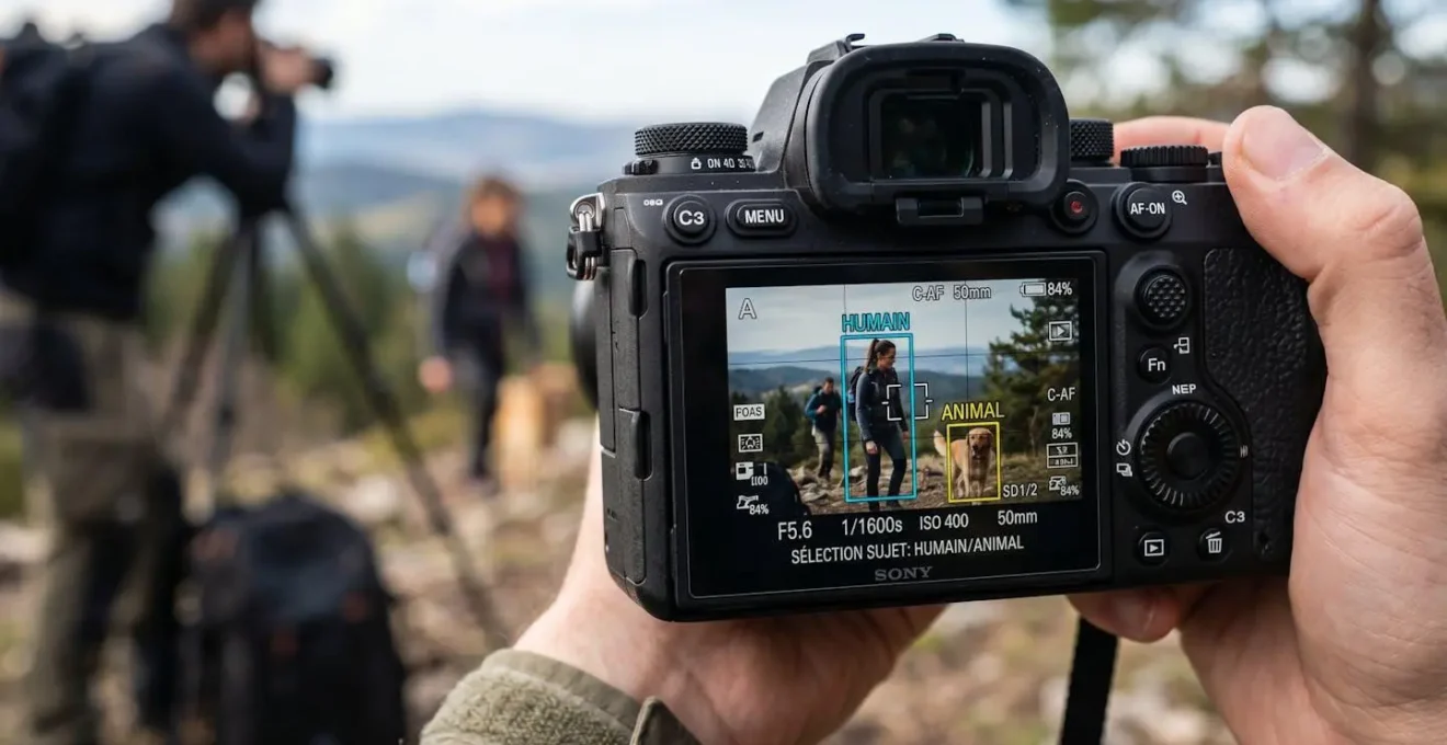 Écran LCD arrière d'un appareil photo professionnel affichant l'interface de détection de sujet par intelligence artificielle avec cadres de tracking