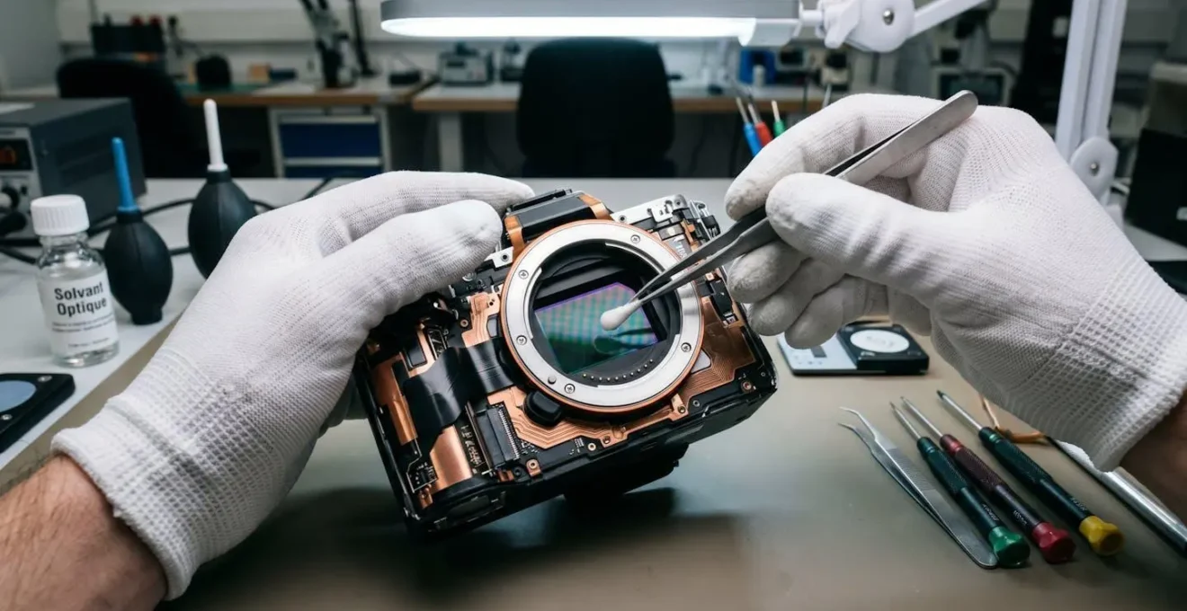 Gros plan macro sur un capteur plein format en cours d'examen par un technicien avec gants blancs dans un atelier de maintenance