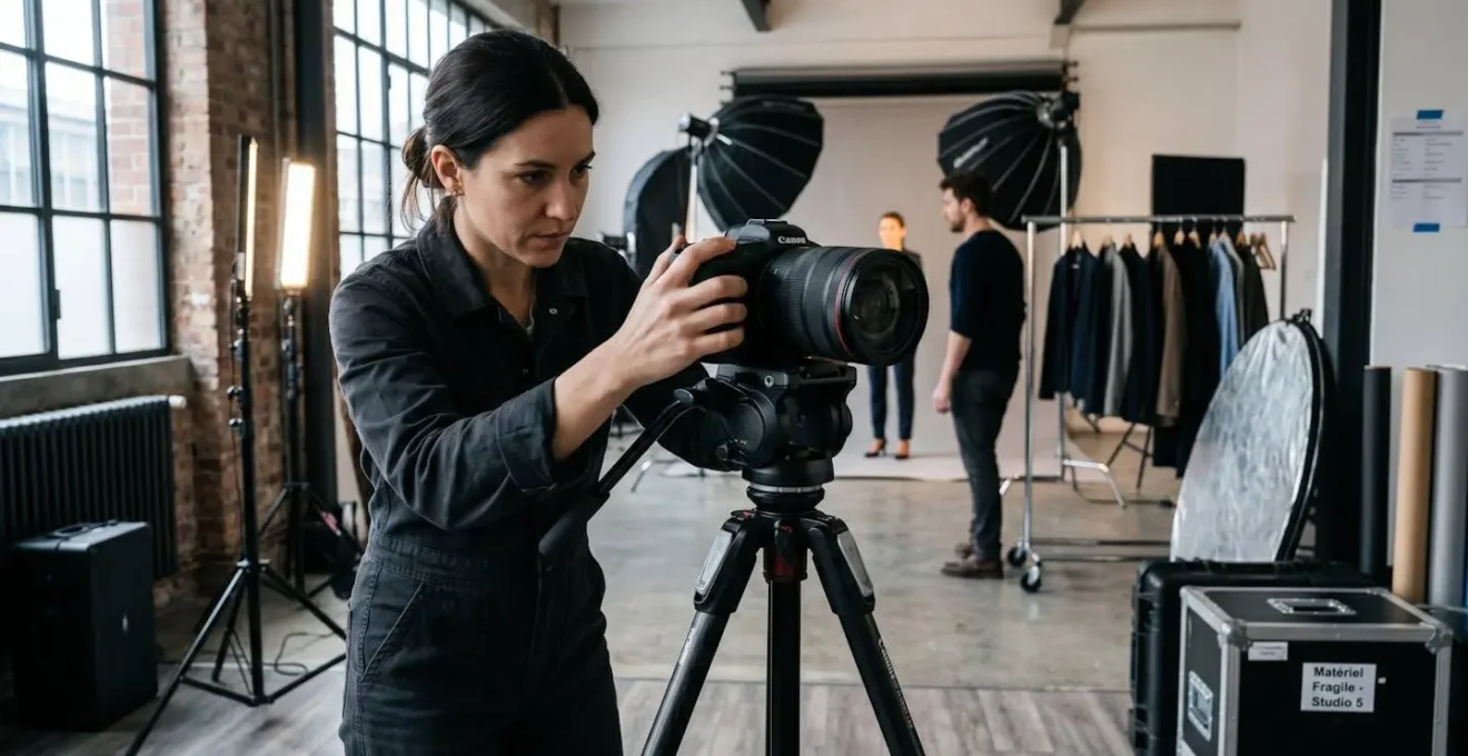 Photographe professionnel ajustant un appareil photo hybride plein format sur trépied dans un studio avec équipement d'éclairage LED professionnel
