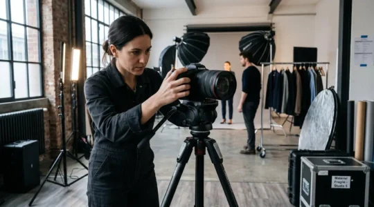 Photographe professionnel ajustant un appareil photo hybride plein format sur trépied dans un studio avec équipement d'éclairage LED professionnel