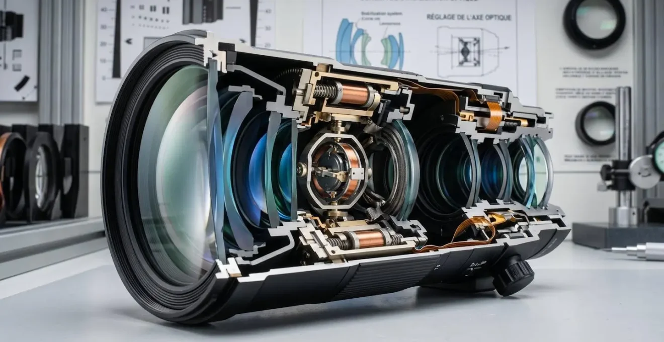 Vue en coupe d'un objectif photographique professionnel révélant le mécanisme de stabilisation optique interne avec gyroscopes et éléments optiques