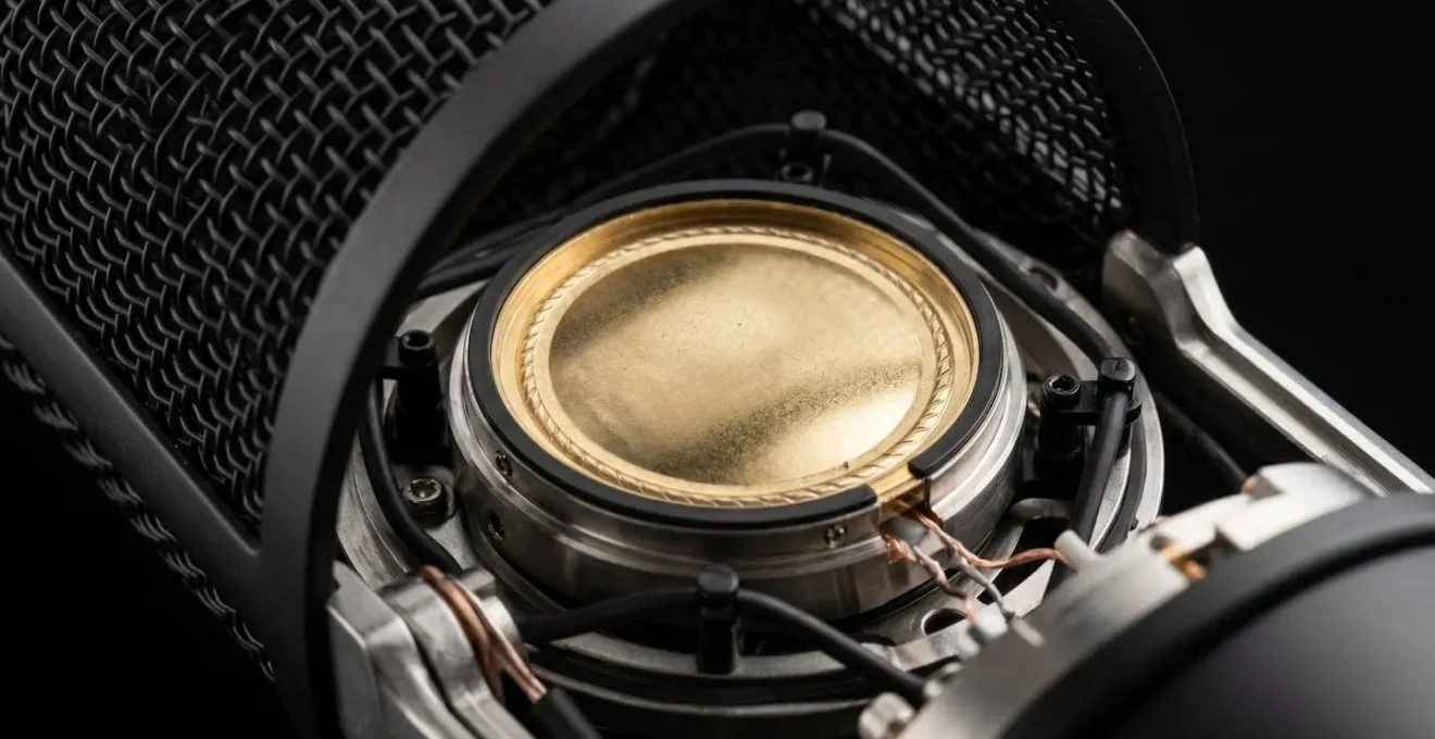 Gros plan macro extrême d'une capsule microphone à condensateur grande membrane révélant la membrane circulaire dorée et la suspension élastique interne sur fond noir mat