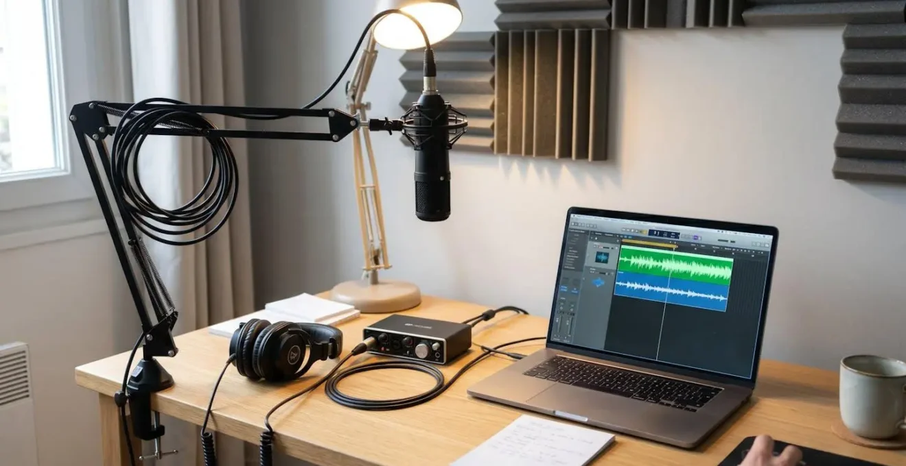 Chaîne audio complète home studio vue en angle montrant micro casque XLR relié par câble noir à interface audio elle-même connectée en USB-C à ordinateur portable avec DAW visible, casque monitoring et panneaux acoustiques gris en arrière-plan