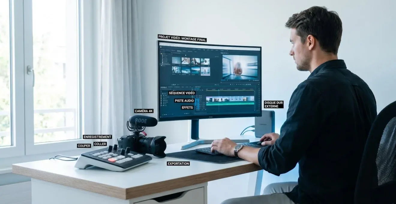 Créateur de contenu travaillant sur une interface de montage vidéo moderne dans un studio lumineux équipé d'écrans et de matériel de production professionnel