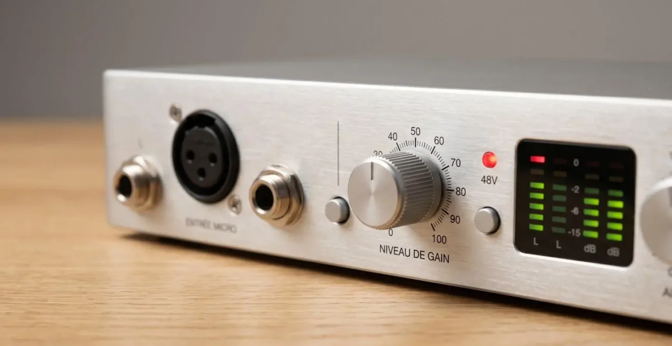 Interface audio professionnelle 2 canaux en métal brossé montrant connecteurs XLR combo, boutons de gain rotatifs gradués et indicateur alimentation fantôme 48V illuminé en rouge sur bureau bois clair