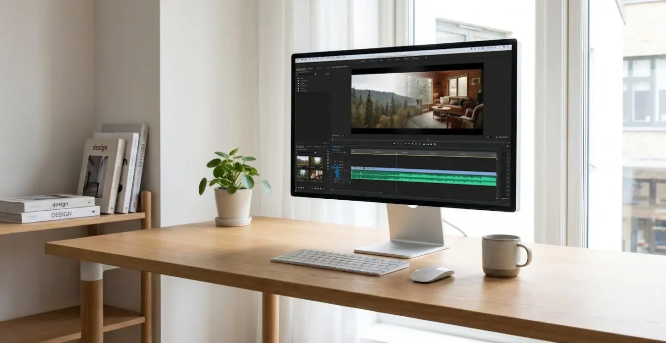 Interface de montage vidéo montrant la prévisualisation d'une transition fluide entre deux séquences sur écran professionnel
