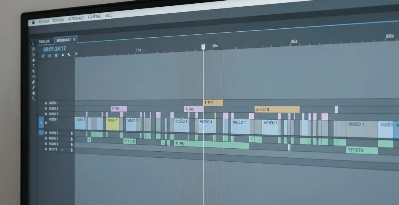 Timeline de montage vidéo affichant des segments découpés à intervalles réguliers sur interface professionnelle avec indicateurs temporels en français