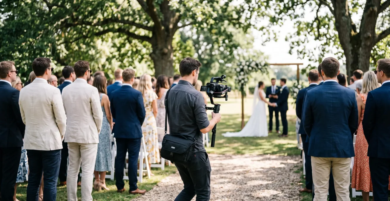 Un cadreur filme une cérémonie de mariage en extérieur avec un caméscope stabilisé.