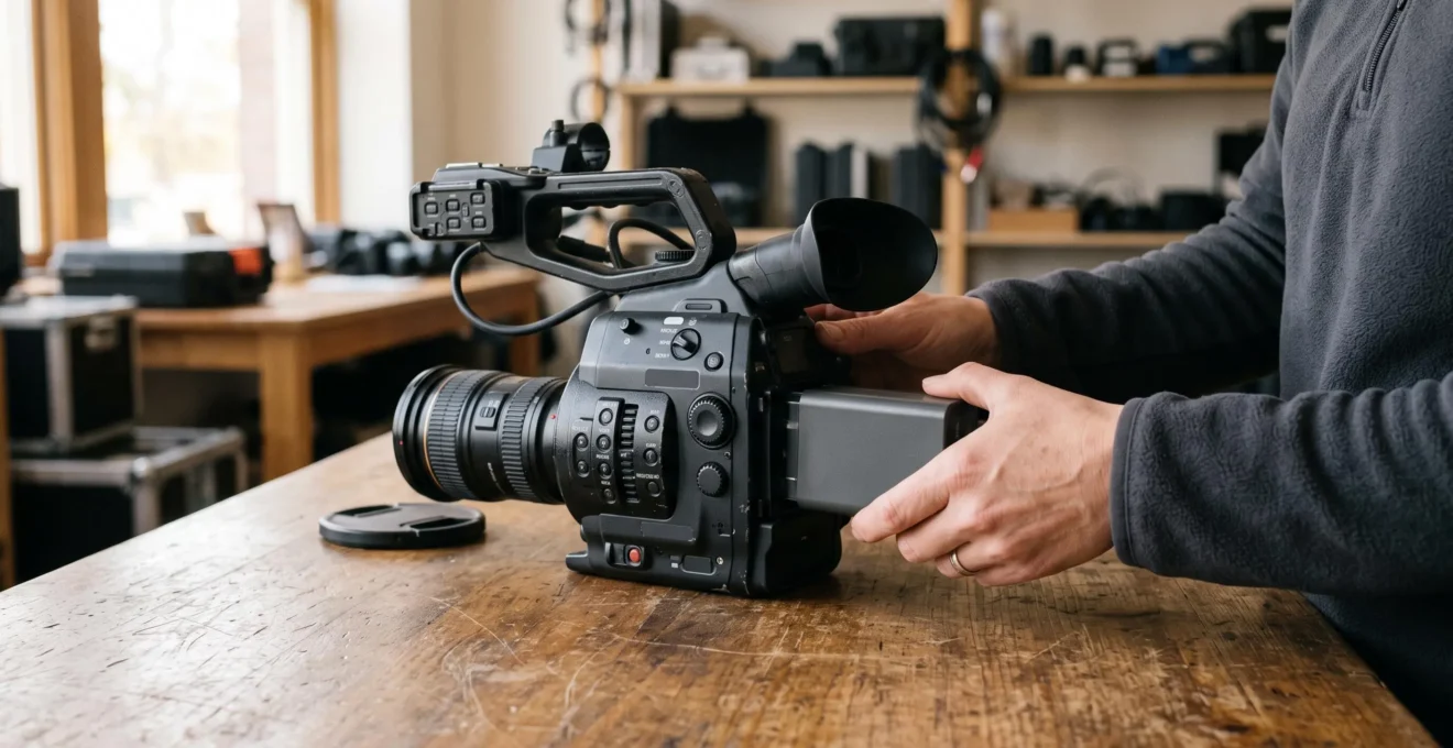 Des mains vérifient un caméscope professionnel posé sur une table.